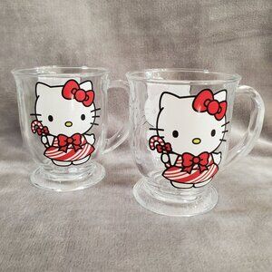 2023 Sanrio Hello Kitty 15oz Glass Christmas Mugs Red Bow & Candy Cane Set of 2